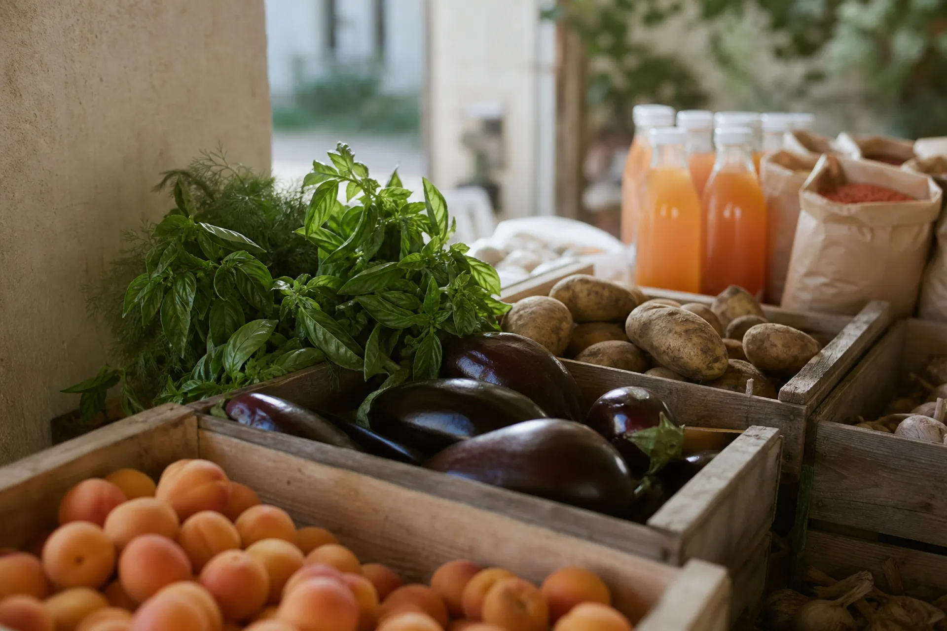 Cagettes de fruits et légumes bio fraîchement récoltés, avec jus local et lentilles en sachet.