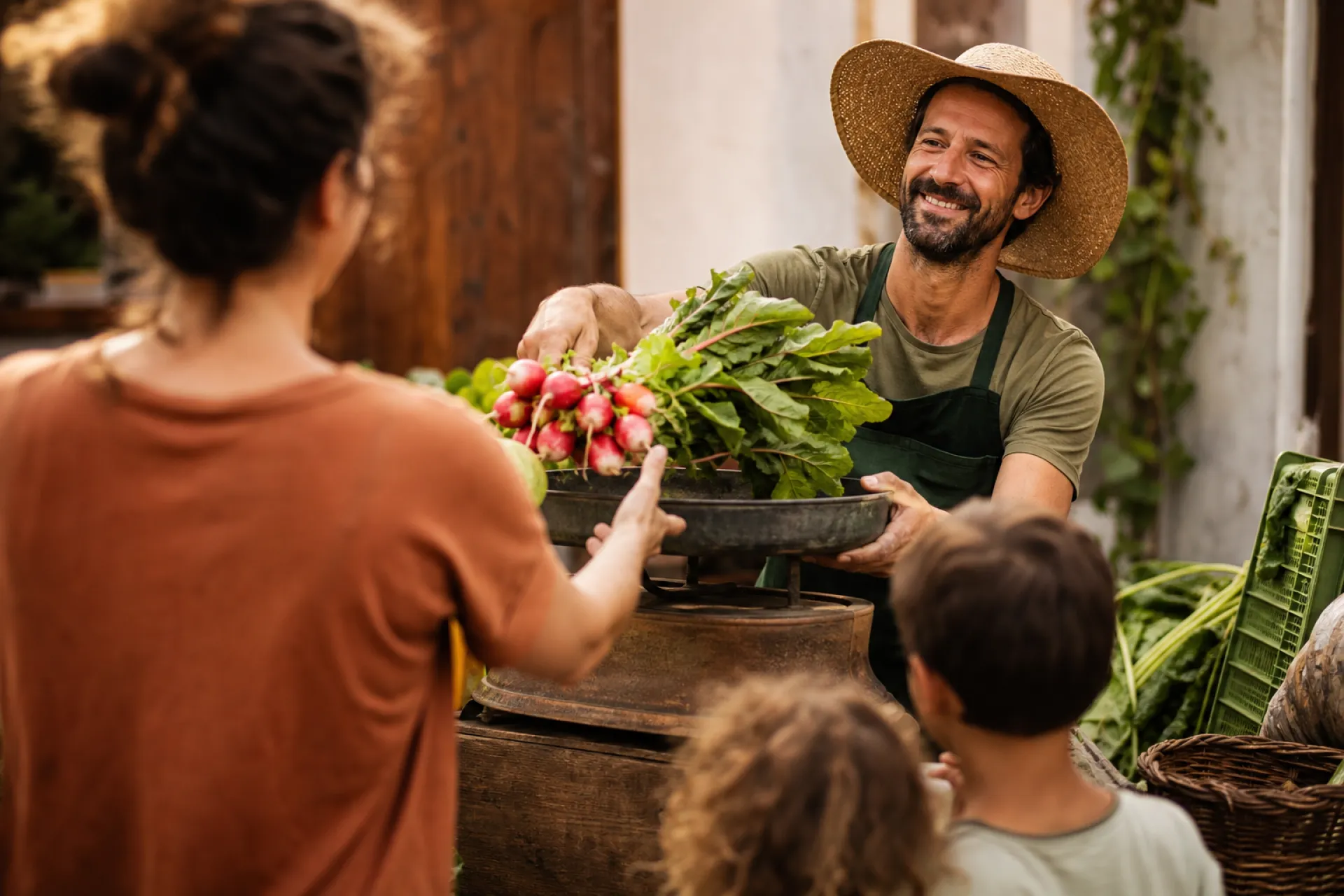 Un maraîcher bio souriant pèse des radis et des blettes pour une cliente sur un marché.
